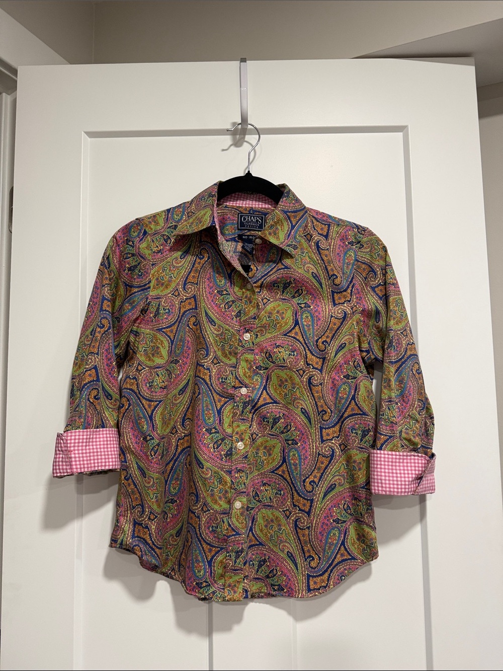 CHAPS Classics Petite Paisley Button Down Shirt P/S 100% Cotton No Iron Gingham